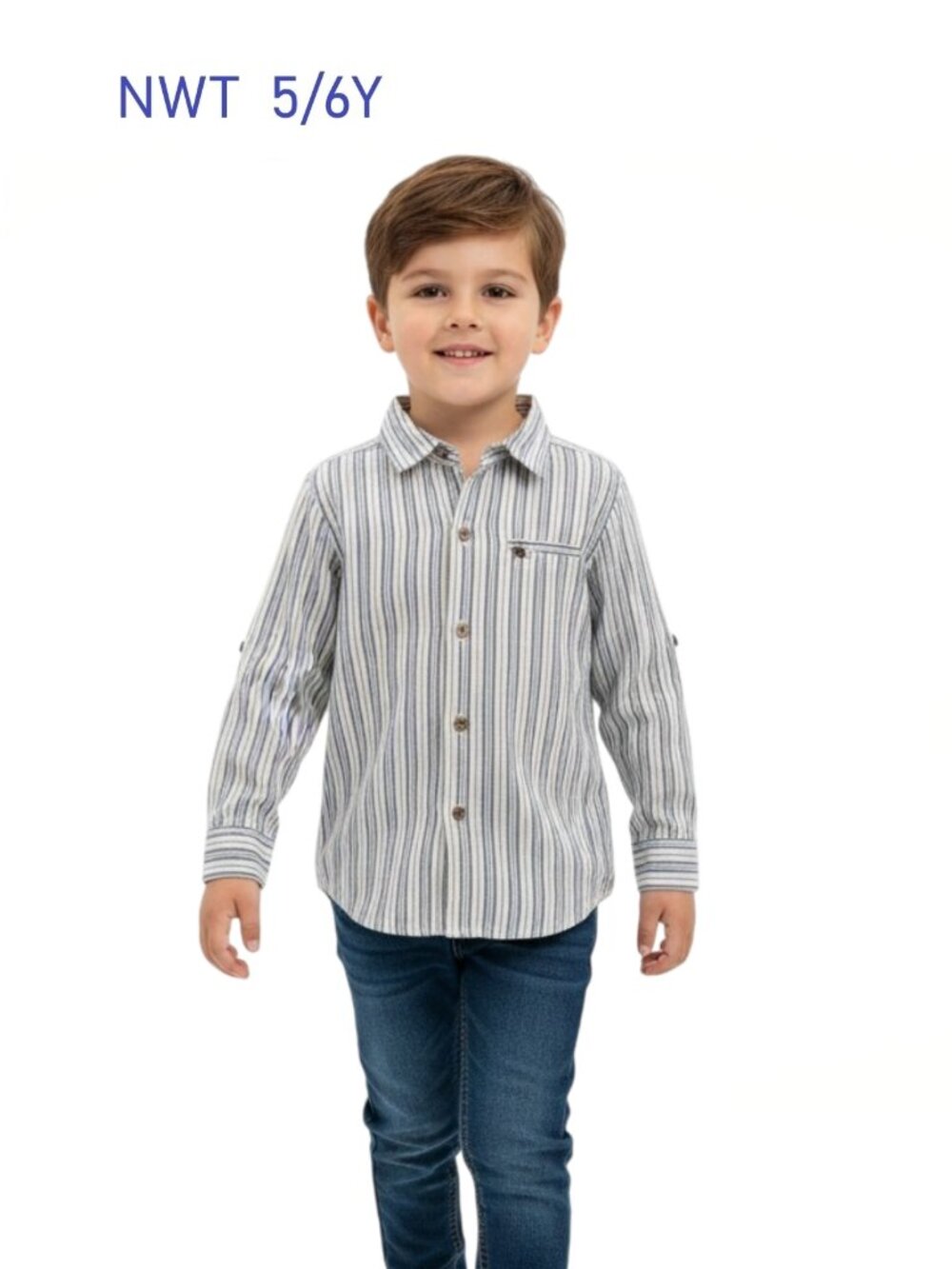 ME & HENRY Multi Stripe Long Sleeve Button Down Woven Shirt - size 5/6Y